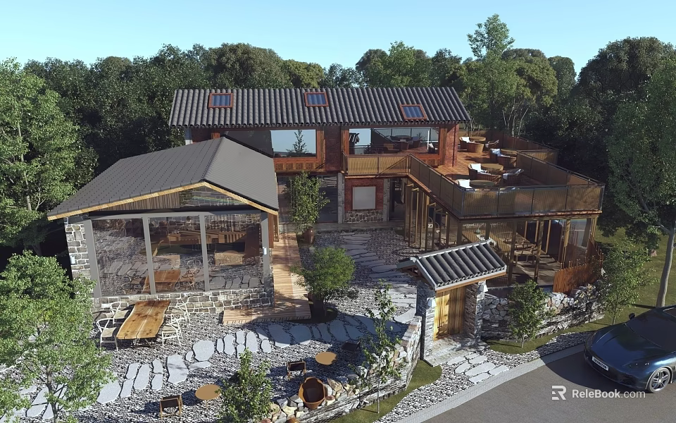 Rustic Wooden Building with Outdoor Terrace Stone Ground and Tables Chairs Surrounded by Trees 3d model 