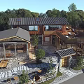 Rustic Wooden Building with Outdoor Terrace Stone Ground and Tables Chairs Surrounded by Trees