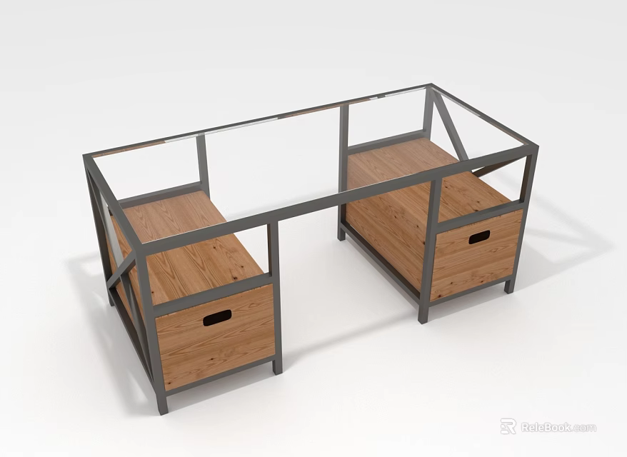 Modern Desk Furniture With Wooden Drawers Metal Frame And Glass Top 3d model 
