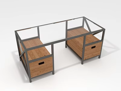 Modern Desk Furniture With Wooden Drawers Metal Frame And Glass Top 3d model