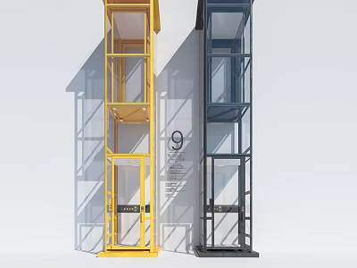 Modern Yellow and Gray Elevators with Transparent Cabin Metal Frame and Floor Number 9 3d model