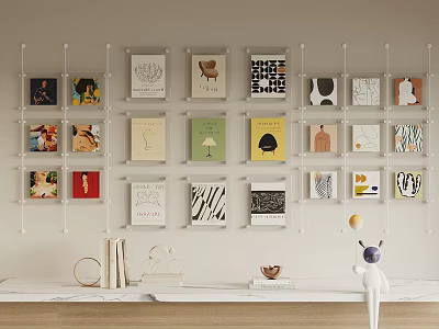 Decorative Wall With Various Artworks And Countertop Featuring Books Figurine Yellow Ball 3d model