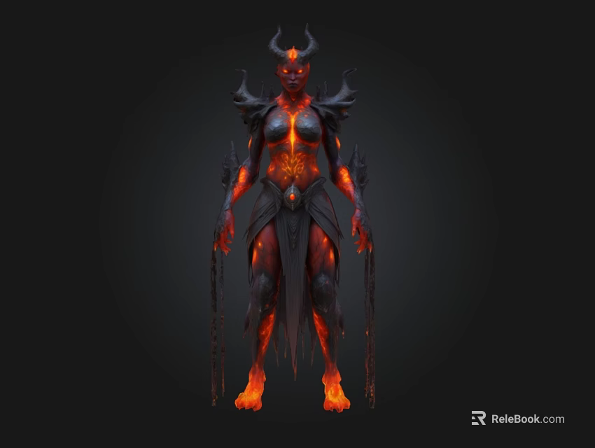 Demonic Horned Game Movie Character With Glowing Red Orange Flames Holding Staffs 3d model 