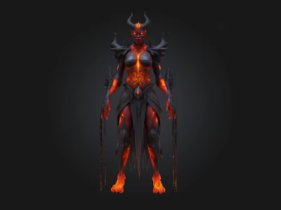 Demonic Horned Game Movie Character With Glowing Red Orange Flames Holding Staffs 3d model