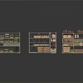 Three Industrial Storage Shelves With Wooden Crates Dishes And Bottles