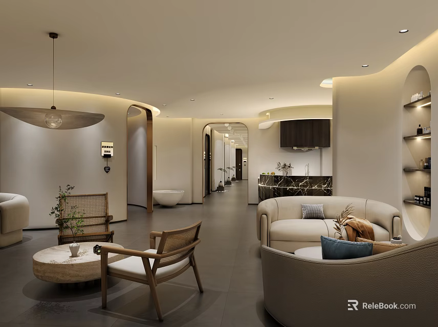 Modern Shop Front Desk Interior With Sofas Coffee Table Pendant Light And Shelves 3d model