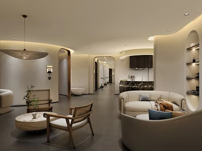 Modern Shop Front Desk Interior With Sofas Coffee Table Pendant Light And Shelves 3d model
