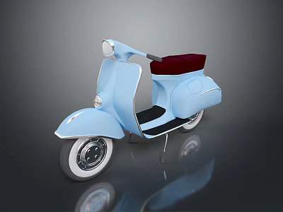 Light Blue Scooter With Red Seat And White Rim On Dark Reflective Surface 3d model