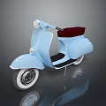 Light Blue Scooter With Red Seat And White Rim On Dark Reflective Surface