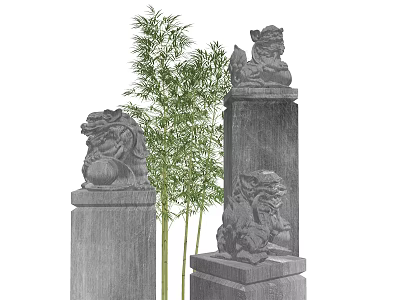 Traditional Stone Lion Sculptures Carving With Bamboo Plants And Decorative Pillars 3d model