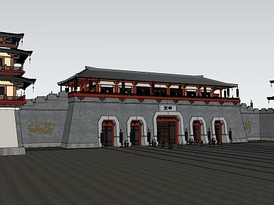 Traditional Ancient Chinese Gate With Grey Walls Red Columns Dragon Carvings And Plaque 3d model