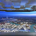 People Enjoying City Panorama At Modern Observation Deck With Glass Railings And Geometric Ceiling Design