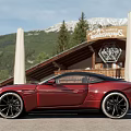 Sleek Red Sports Car Exterior Design Parked On Scenic Road With Trees And Buildings