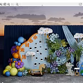 Decorative Photo Check In Spot With Clouds Photo Frames Colorful Balloons Greenery And Wooden Horse