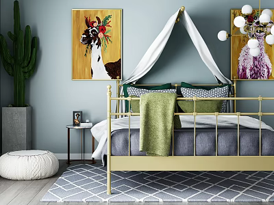 Gold Frame Double Bed With White Canopy Gray Bedding Green Throw And Alpaca Paintings 3d model