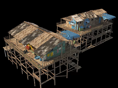 Rustic Stilt Houses With Worn Out Wooden Roofs Blue Awnings And Colorful Elements 3d model
