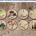 Round Vegetable Themed Wall Decor with Chinese Characters on Rustic Textured Wall 3d model