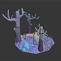 3D Rendered Fantasy Forest Scene With Colorful Trees Blue Grass And Round Elements