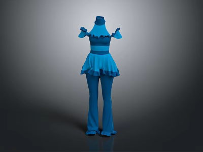 Blue Short Sleeved Jumpsuit With Ruffled Details And Flared Pants Design 3d model