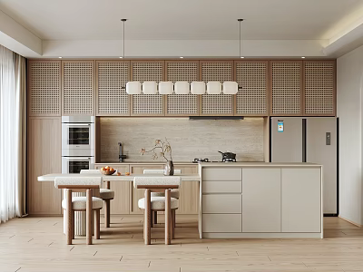 Modern Open Kitchen Interior With Island Counter Dining Table And Hanging Lights 3d model