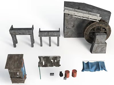 Industrial Style Scene Components With Metal Frames Shelves Wheel Booth And Fabric 3d model