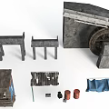 Industrial Style Scene Components With Metal Frames Shelves Wheel Booth And Fabric