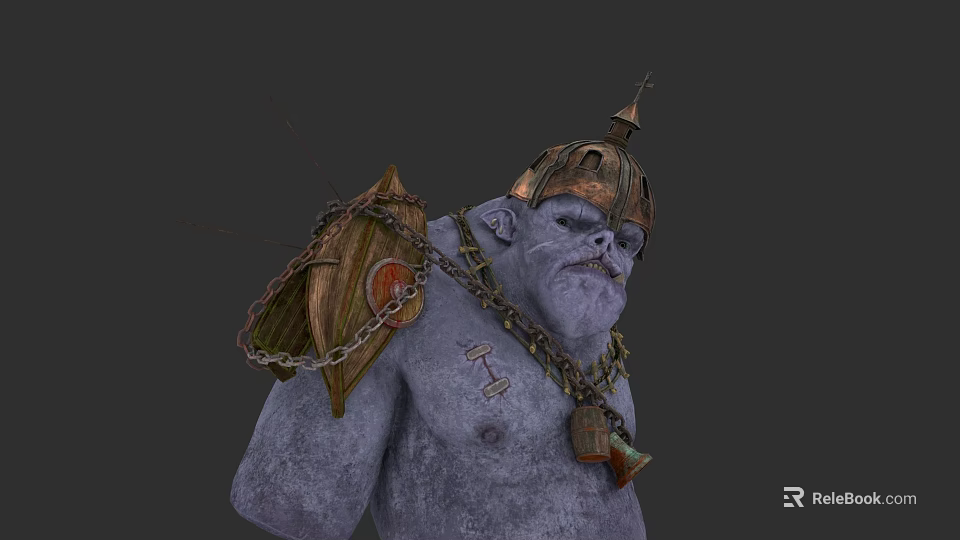 Gray Skinned Ogre Creature With Spiked Metal Helmet Carapace Shoulder And Chain Armor 3d model 