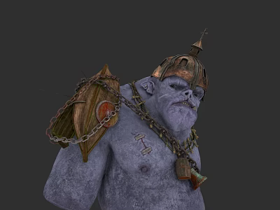 Gray Skinned Ogre Creature With Spiked Metal Helmet Carapace Shoulder And Chain Armor 3d model