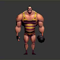 Muscular Man in Striped Singlet with Strong Build Holding Dumbbells in 3D Character Design
