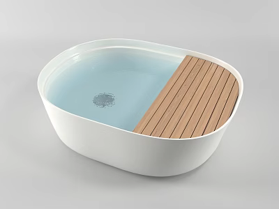 Modern Bathroom Accessories Featuring White Oval Bathtub With Wooden Plank And Water 3d model