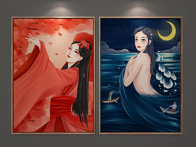 Traditional Oriental Figure Paintings Red Robe Woman With Falling Red Petals Moonlit Water And Boat 3d model