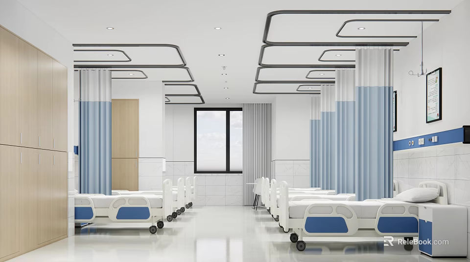 Hospital Outpatient Clinic Interior Design With White Blue Decor Large Window And Rolling Beds 3d model 