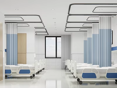 Hospital Outpatient Clinic Interior Design With White Blue Decor Large Window And Rolling Beds 3d model