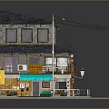 Cartoon Scene Traditional Japanese Two Story Building Shop With Front Awning Street Lamp And Balcony