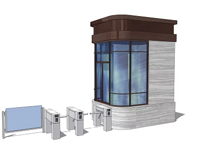 Modern Security Booth With Glass Walls Stone Exterior And Turnstiles At Entry 3d model