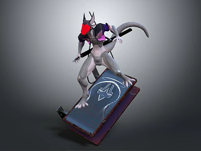 3D Fantasy Creature Character With Gray Body Red Eyes Long Tail Standing On Symbol Platform 3d model