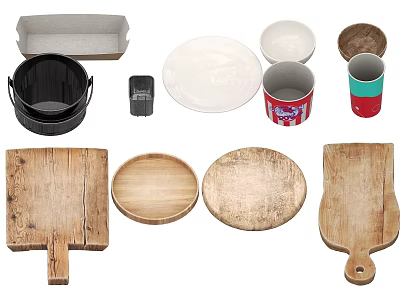 Tableware Set With Wooden Cutting Boards White Plates Black Pot And Patterned Mugs 3d model