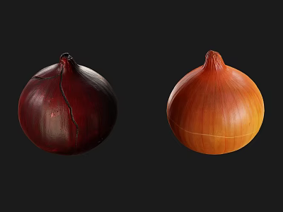 Two Fresh Deep Red And Orange Yellow Onions Displayed On Black Background 3d model