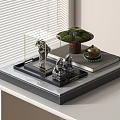 Decorative Ornament Set with Glass Cloche Black Tray Small Statues Moss Golden Box on Book