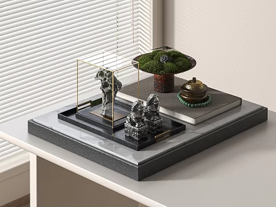 Decorative Ornament Set with Glass Cloche Black Tray Small Statues Moss Golden Box on Book 3d model