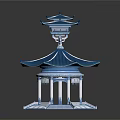 Chinese Traditional Gateway And Pavilion With Blue Roofs And White Pillars