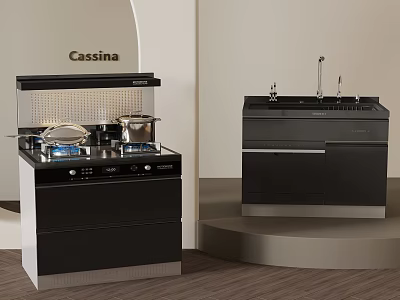 Cassina Modern Kitchen Cookware With Stove Hood Sink Cabinet Design 3d model