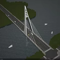 Modern Cable Stayed Bridge Over River With Greenery Boats Tall White Pylon And Road