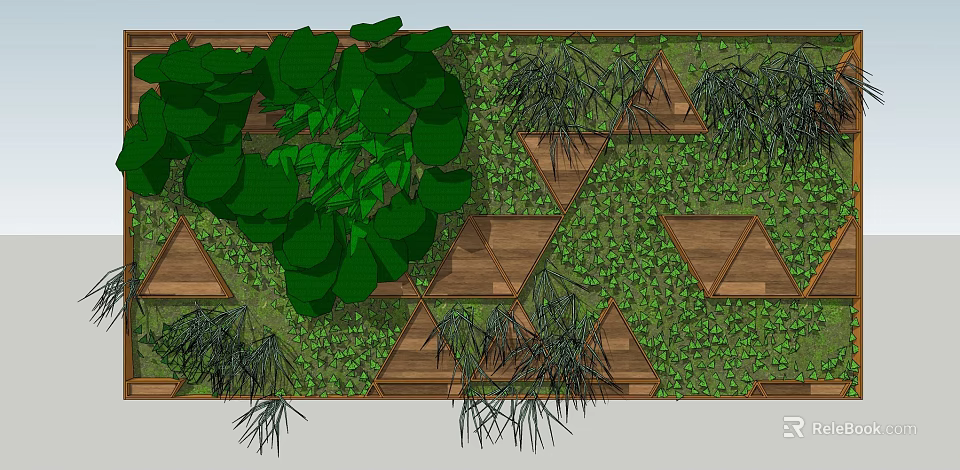 Mixed Green Plant Combination With Large Leaves And Wooden Triangular Frames In Natural Wall Design 3d model 
