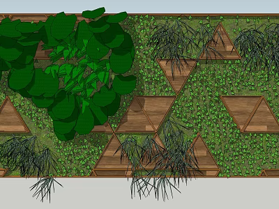 Mixed Green Plant Combination With Large Leaves And Wooden Triangular Frames In Natural Wall Design 3d model