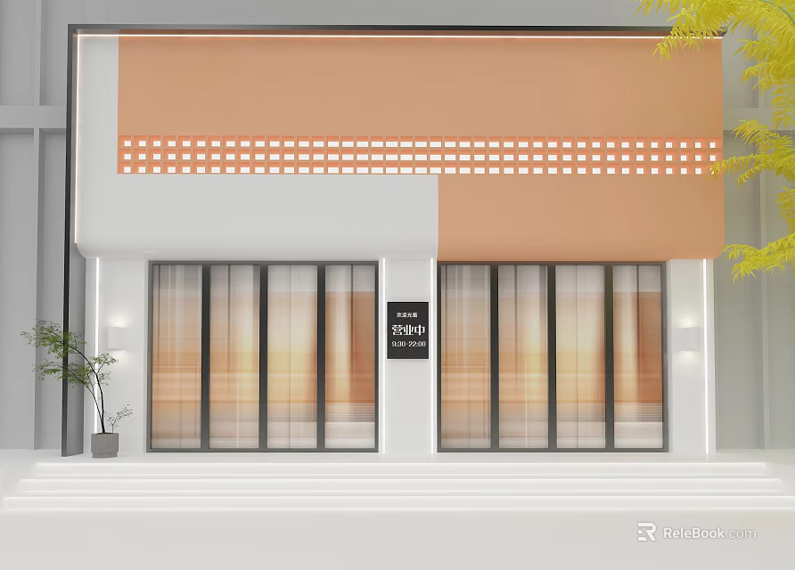 Beauty Hair Salon Modern Storefront Design With Glass Windows And Orange Awning 3d model 
