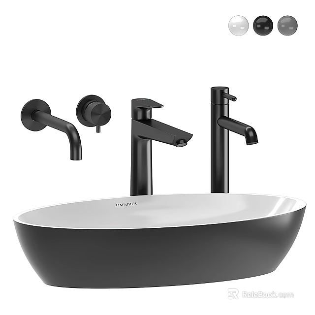 Modern Bathroom Vessel Sink With Black Faucets And White Basin Design 3d model 