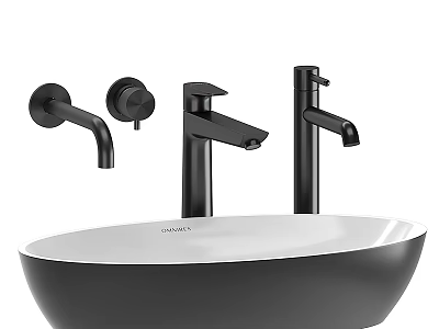 Modern Bathroom Vessel Sink With Black Faucets And White Basin Design 3d model