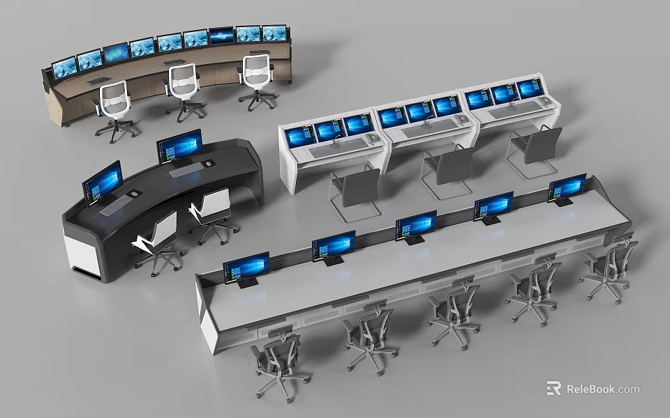 Professional Control Room Workstation Desk And Chair Set With Multiple Monitors 3d model