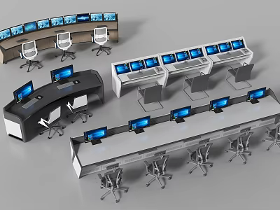 Professional Control Room Workstation Desk And Chair Set With Multiple Monitors 3d model